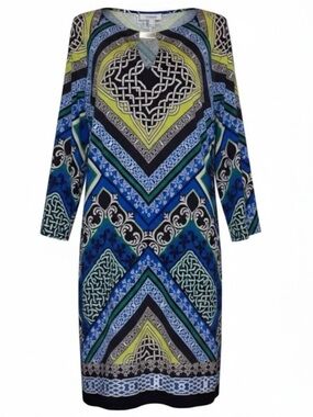 LAUNDRY by SHELLI SEGAL LA Midi Dress Geometrical Pattern Blue Gold SZ M
